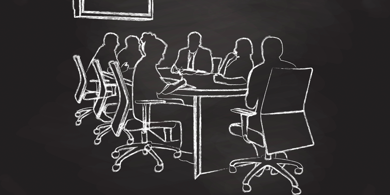 chalkboard drawing of a board meeting